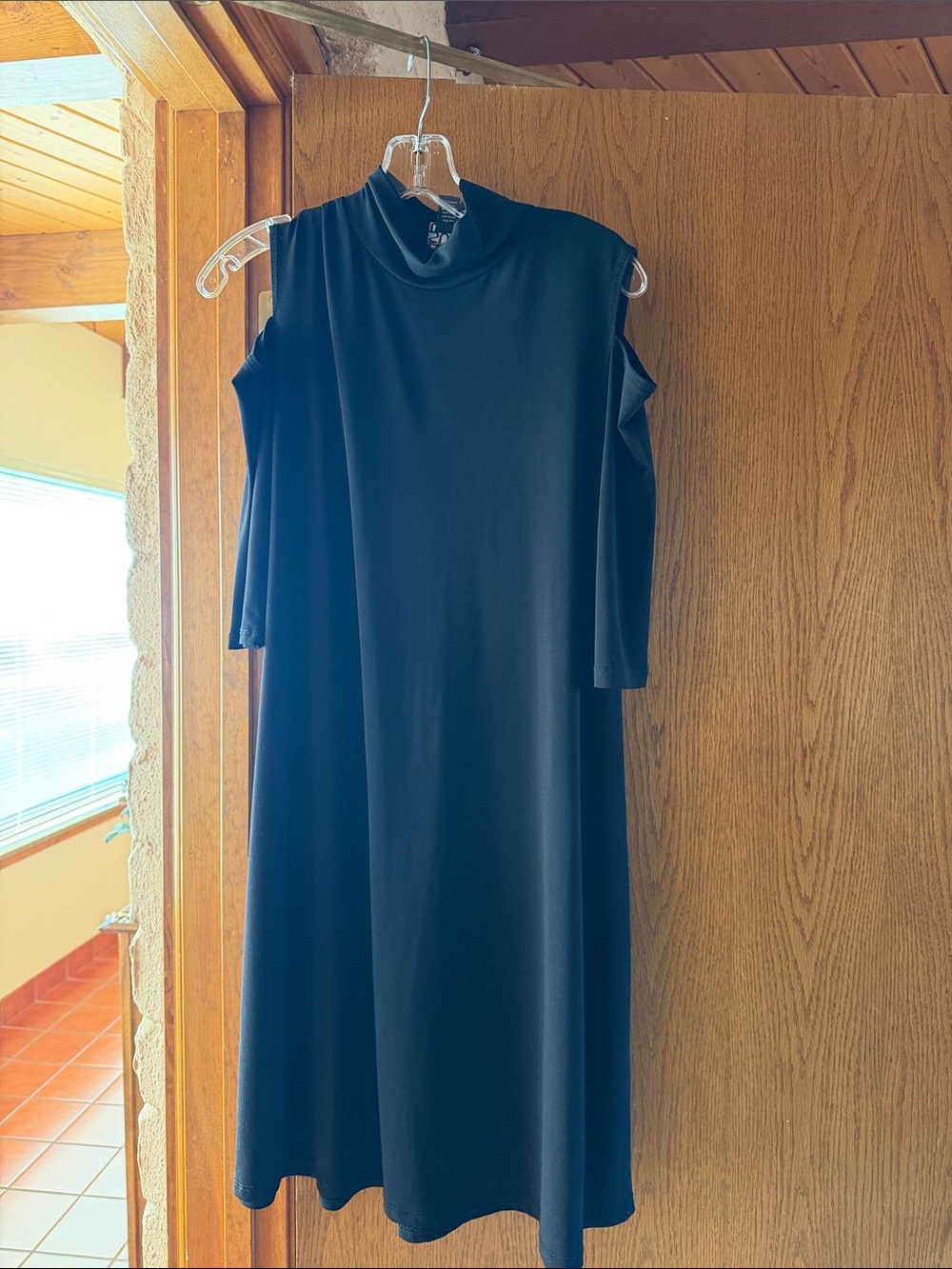 Clara Sun Woo Black Cold-Shoulder Mock Neck Midi Dress